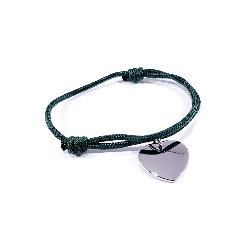 Bracelet cordon vert foncé médaille acier cœur à personnaliser.