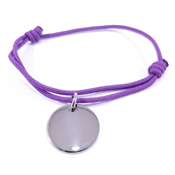 Bracelet cordon mauve lilas médaille acier ronde à personnaliser.