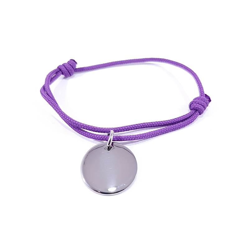 Bracelet cordon mauve lilas médaille acier ronde à personnaliser.