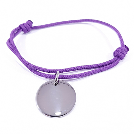 Bracelet cordon mauve lilas médaille acier ronde à personnaliser.