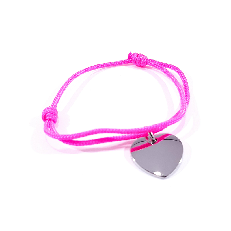 Bracelet cordon rose néon médaille acier cœur à personnaliser.