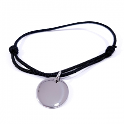 Bracelet cordon noir médaille acier ronde à personnaliser.