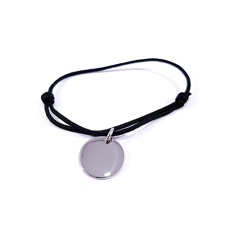 Bracelet cordon noir médaille acier ronde à personnaliser.