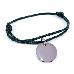 Bracelet cordon vert foncé médaille acier ronde à personnaliser.