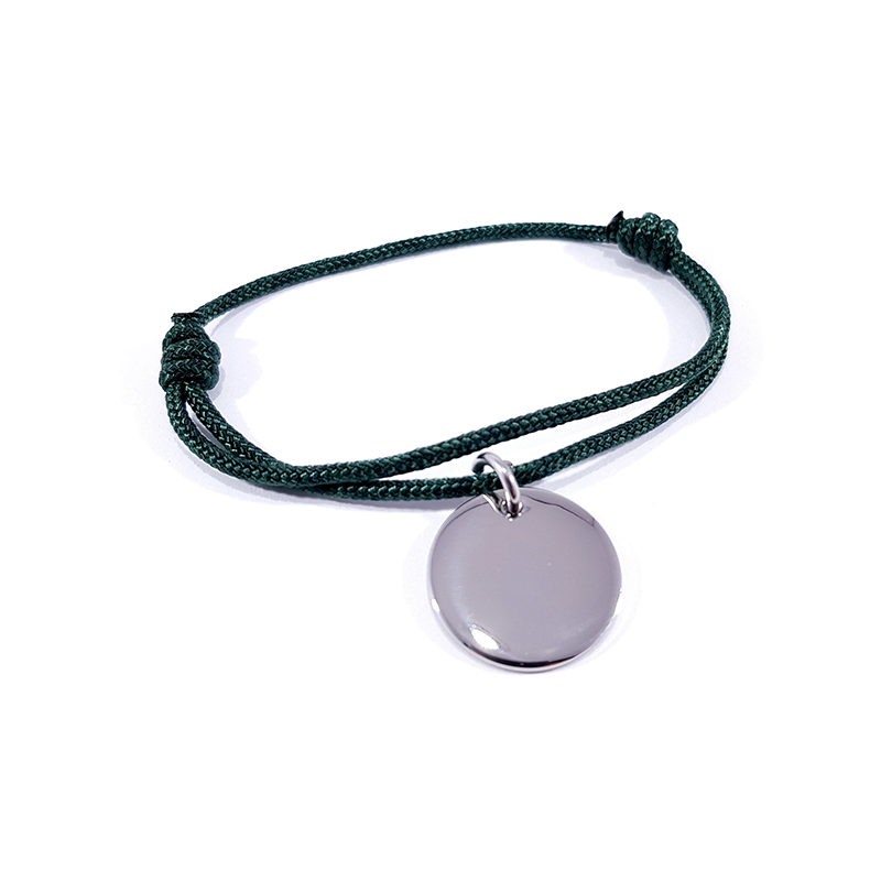 Bracelet cordon vert foncé médaille acier ronde à personnaliser.