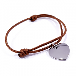 bracelet cordon marron chocolat et médaille cœur acier à personnaliser