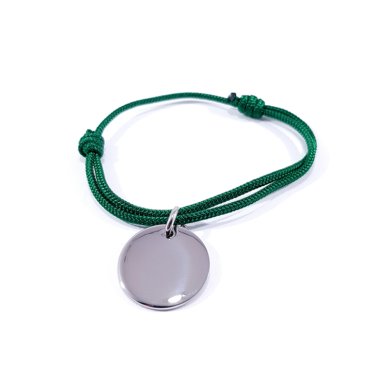 Bracelet cordon vert herbe médaille acier ronde à personnaliser.