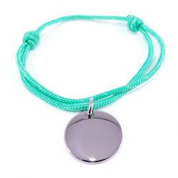 Bracelet cordon vert menthe glacée médaille acier ronde à personnaliser.