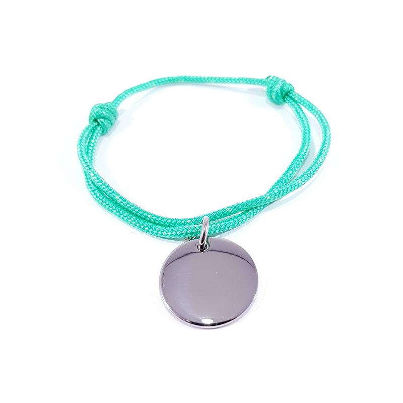 Bracelet cordon vert menthe glacée médaille acier ronde à personnaliser.