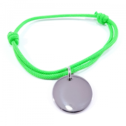 Bracelet cordon vert néon médaille acier ronde à personnaliser.