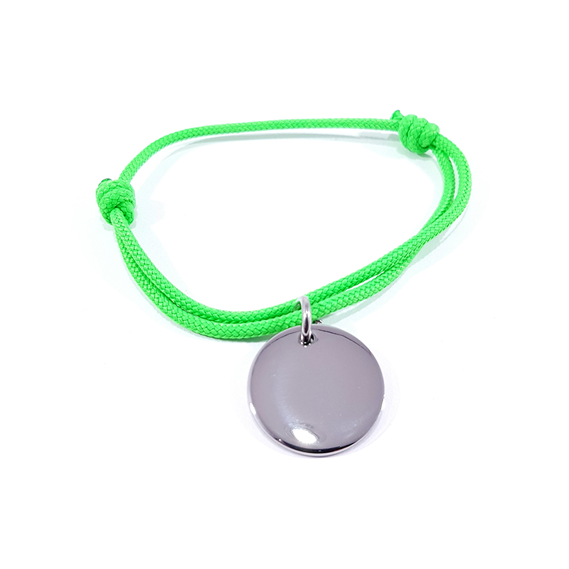 Bracelet cordon vert néon médaille acier ronde à personnaliser.