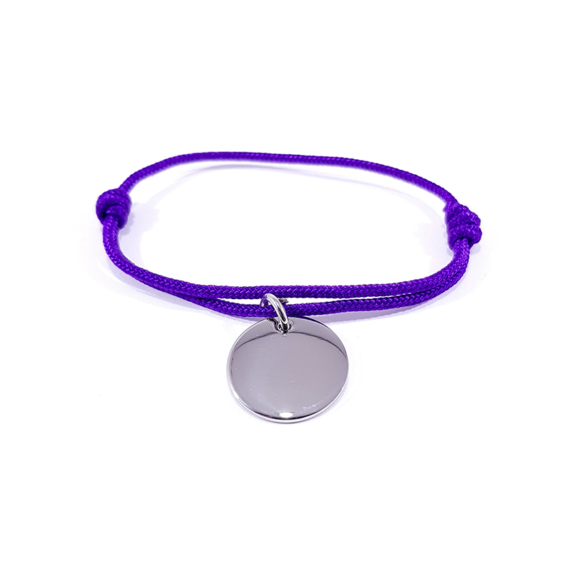 Bracelet cordon violet médaille acier ronde à personnaliser.