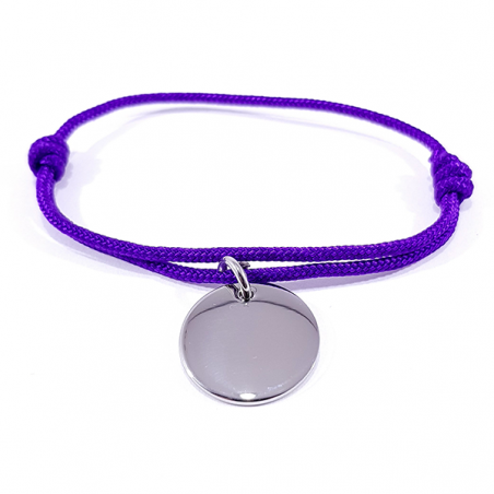 Bracelet cordon violet médaille acier ronde à personnaliser.