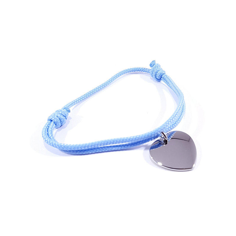 Bracelet cordon bleu bébé médaille acier cœur à personnaliser.