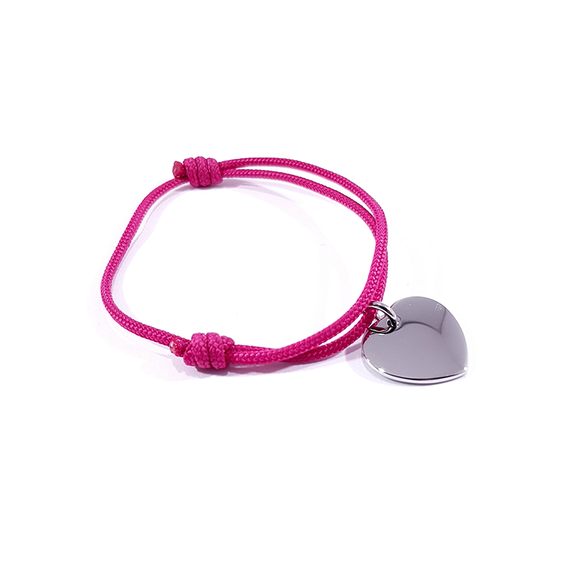 Bracelet cordon fuchsia médaille acier cœur à personnaliser.