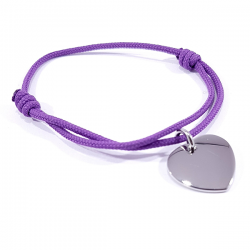 Bracelet cordon mauve lilas médaille acier cœur à personnaliser.