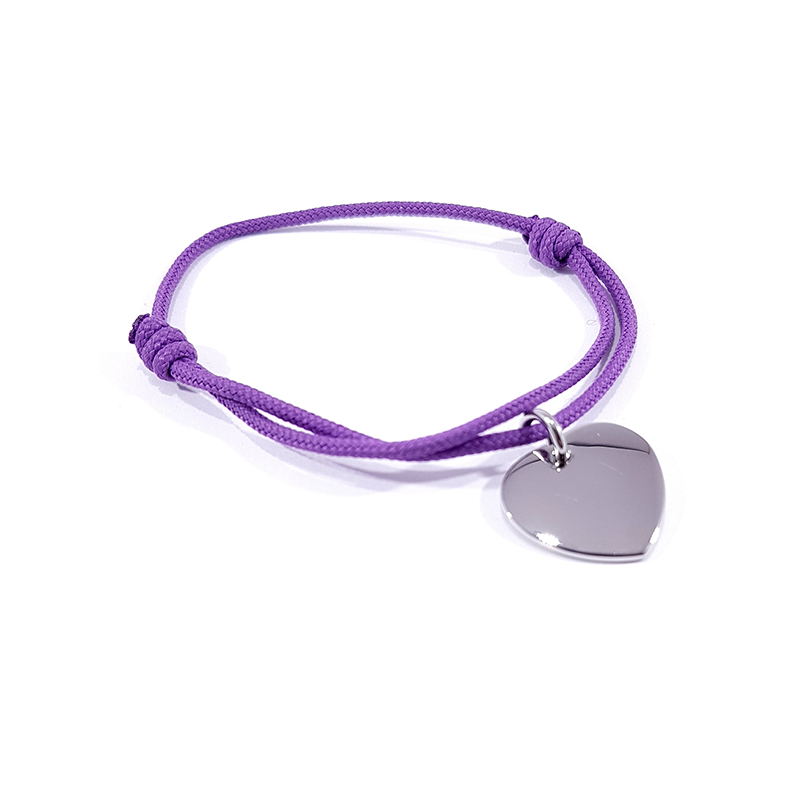 Bracelet cordon mauve lilas médaille acier cœur à personnaliser.