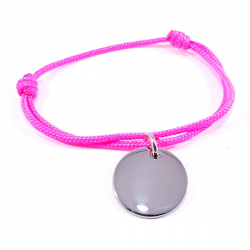 Bracelet cordon rose néon médaille acier ronde à personnaliser.