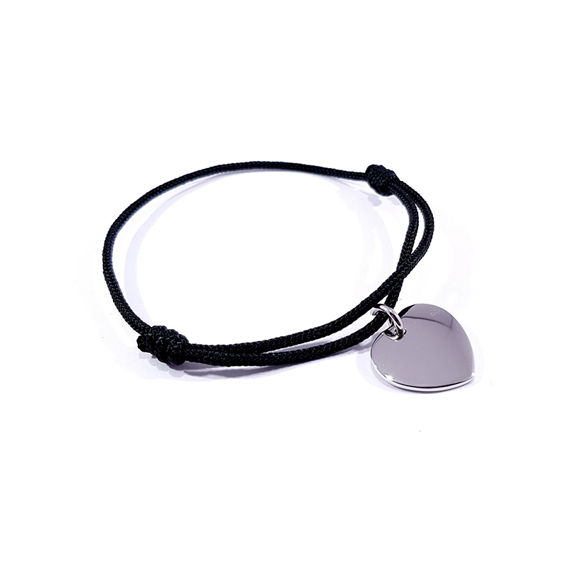 Bracelet cordon noir médaille acier cœur à personnaliser.