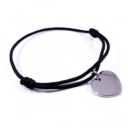 Bracelet cordon noir médaille acier cœur à personnaliser.