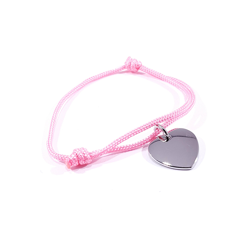 Bracelet cordon rose bonbon médaille acier cœur à personnaliser.