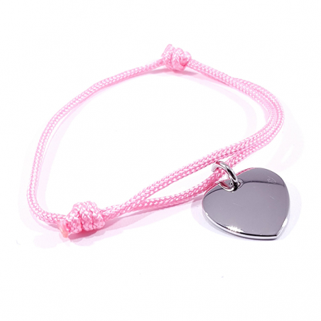 Bracelet cordon rose bonbon médaille acier cœur à personnaliser.