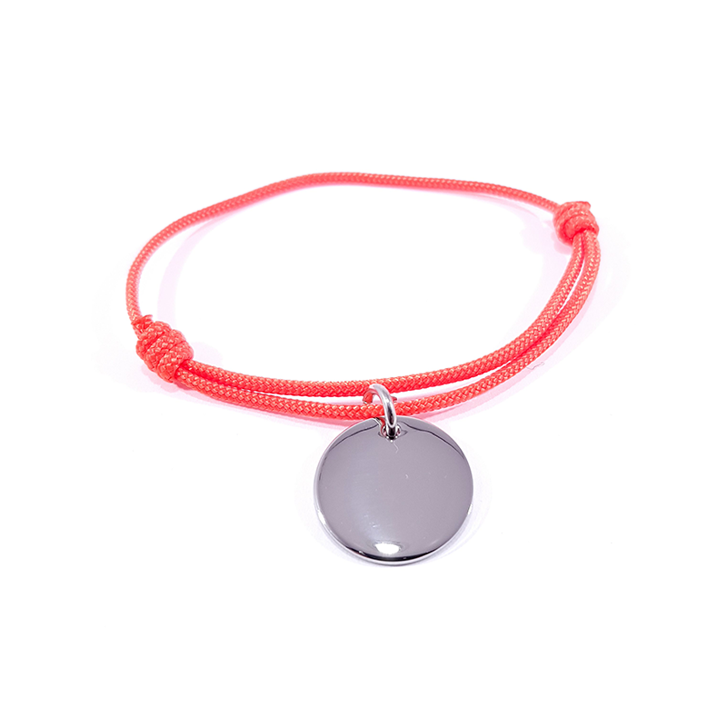 Bracelet cordon orange néon médaille acier ronde à personnaliser.