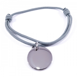 Bracelet cordon gris médaille acier ronde à personnaliser.