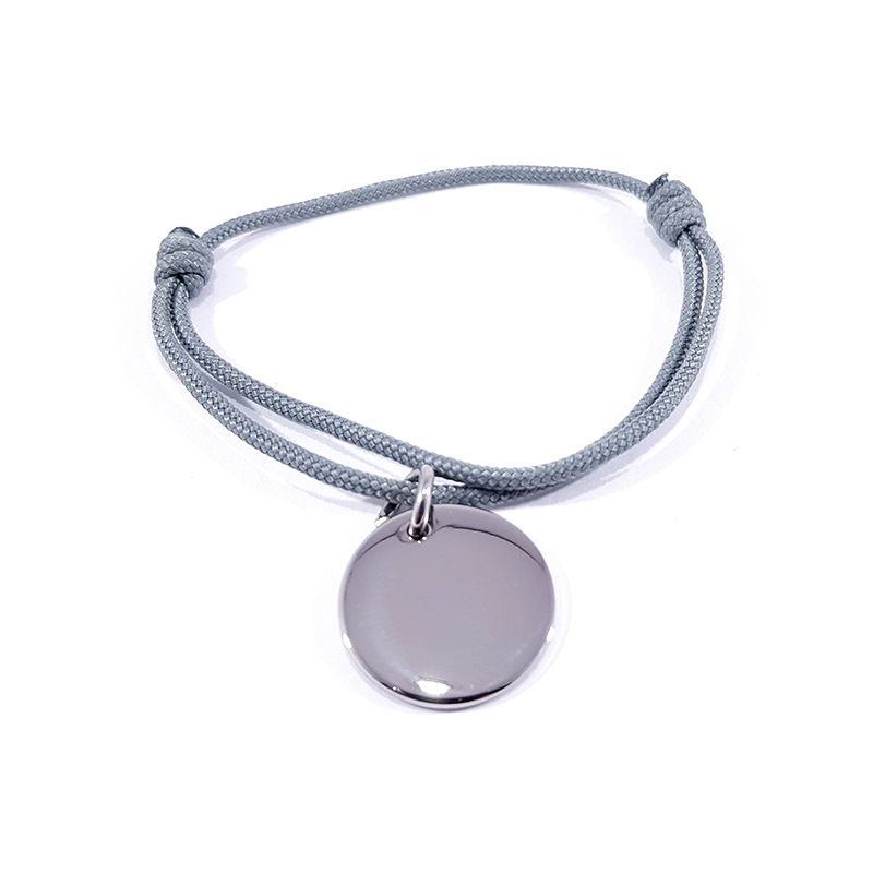 Bracelet cordon gris médaille acier ronde à personnaliser.