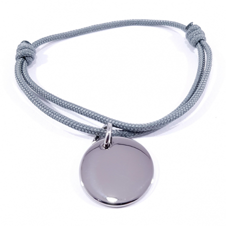 Bracelet cordon gris médaille acier ronde à personnaliser.