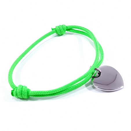 Bracelet cordon vert néon médaille acier cœur à personnaliser.