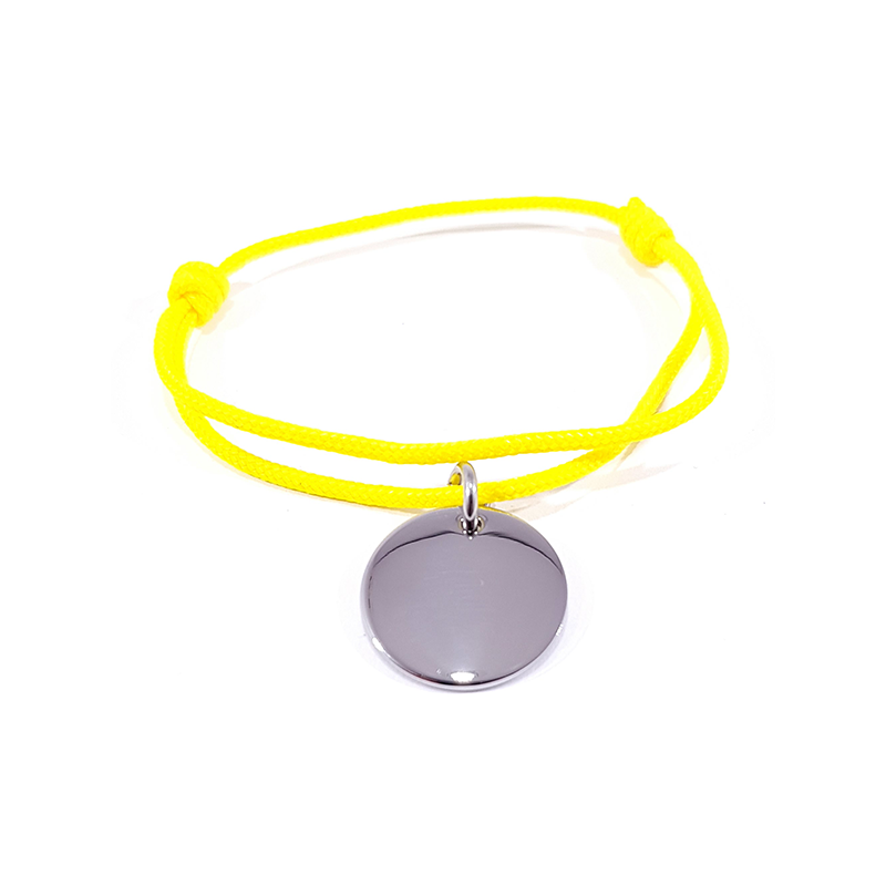 Bracelet cordon jaune médaille acier ronde à personnaliser.