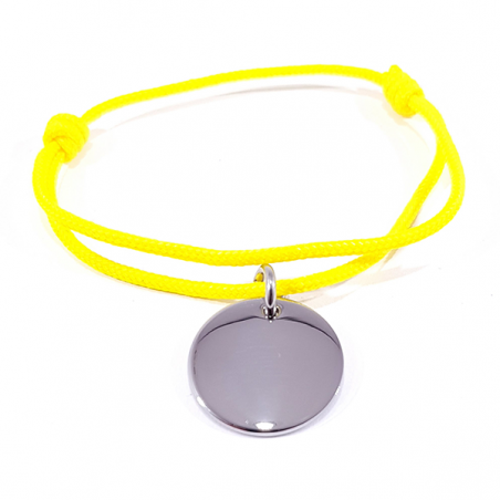 Bracelet cordon jaune médaille acier ronde à personnaliser.