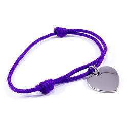 Bracelet cordon violet médaille acier cœur à personnaliser