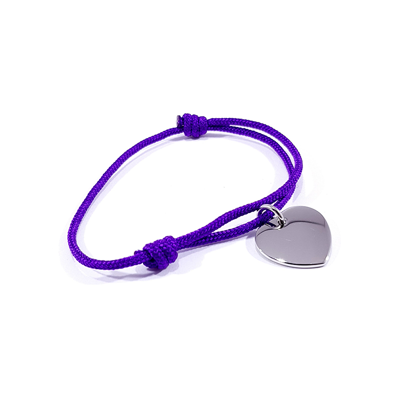 Bracelet cordon violet médaille acier cœur à personnaliser